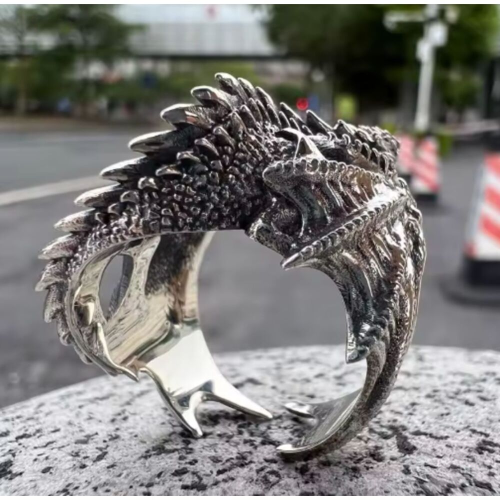 3D Silver Dragon Ring Men Women Adjustable
